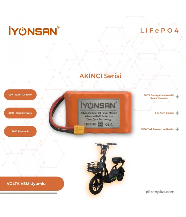 İYONSAN IYN-AKN-4818-S 48V 18Ah LiFePO4 Volta VSM Uyumlu Elektrikli Bisiklet Bataryası