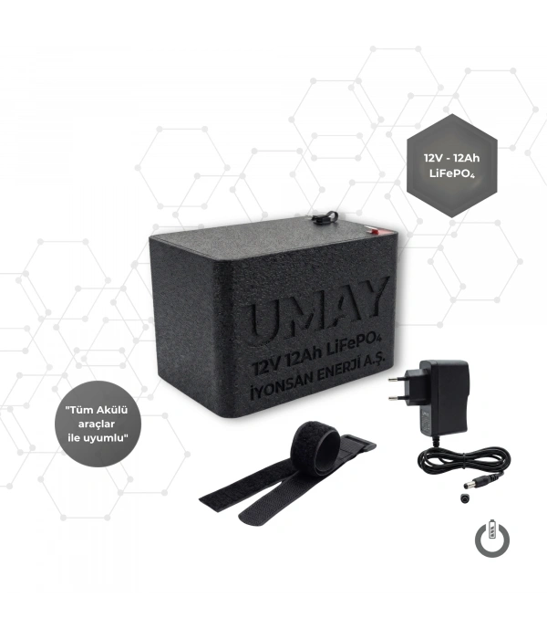 İYONSAN IYN-UMY-1212-SET 12V 12Ah LiFePO4 UMAY Akülü Araba Bataryası ve Şarj Cihazı Seti