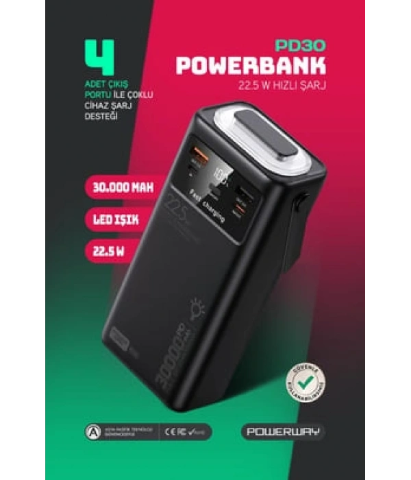 Maxron PD30 30000 mAh 22,5W Hızlı Şarjlı Siyah Powerbank | MX-PD30-SIYAH