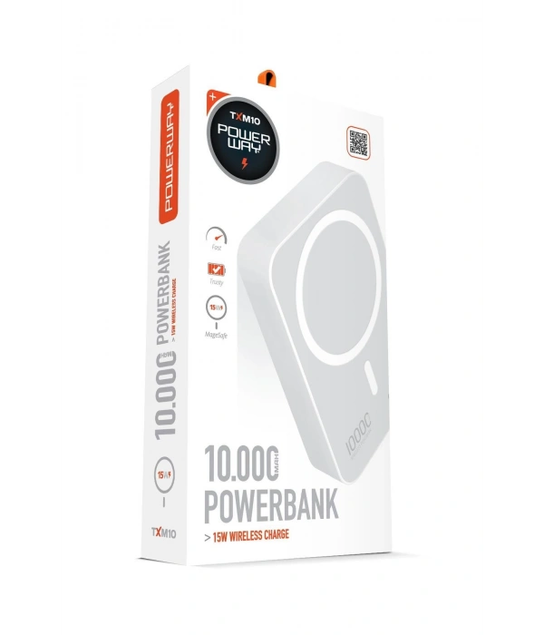 Powerway 10.000 mAh PD 15W Magsafe Kablosuz Wireless Taşınabilir Şarj Cihazı Beyaz Powerbank TXM10
