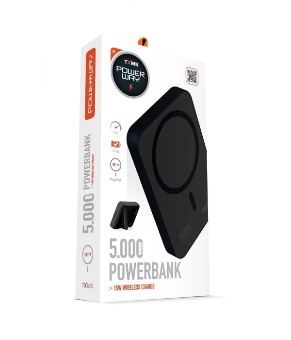 Powerway 5.000 mAh PD 15W Magsafe Kablosuz Wireless Taşınabilir Şarj Cihazı Siyah Powerbank TXM5