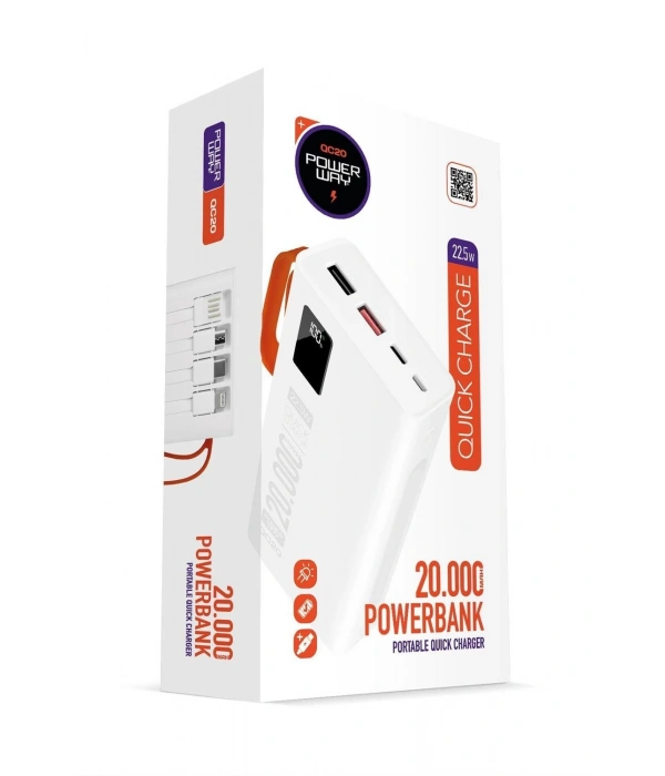 Powerway QC20 Beyaz 20.000 mAh PD 22.5W Dahili Kablolu Hızlı Şarj Led Işıklı Powerbank