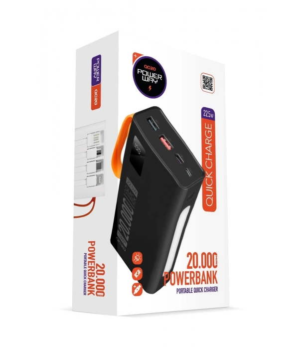Powerway QC20 Siyah 20.000 mAh PD 22.5W Dahili Kablolu Hızlı Şarj Led Işıklı Powerbank