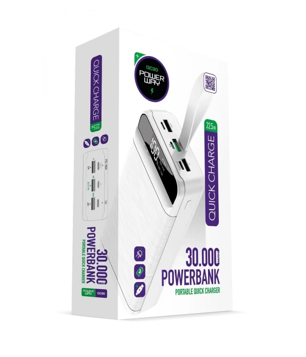 Powerway QC30 Beyaz 30.000 mAh PD 22.5W Hızlı Şarj Led Işıklı Powerbank