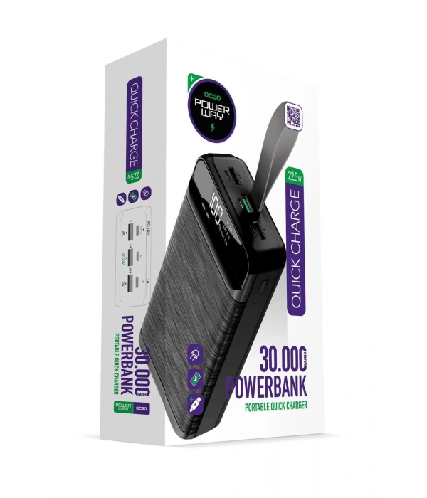 Powerway QC30 Siyah 30.000 mAh PD 22.5W Hızlı Şarj Led Işıklı Powerbank