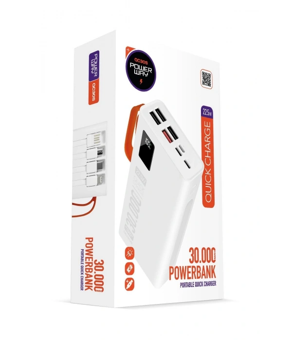 Powerway QC30S Beyaz 30.000 mAh PD 22.5W Dahili Kablolu Hızlı Şarj Led Işıklı Powerbank