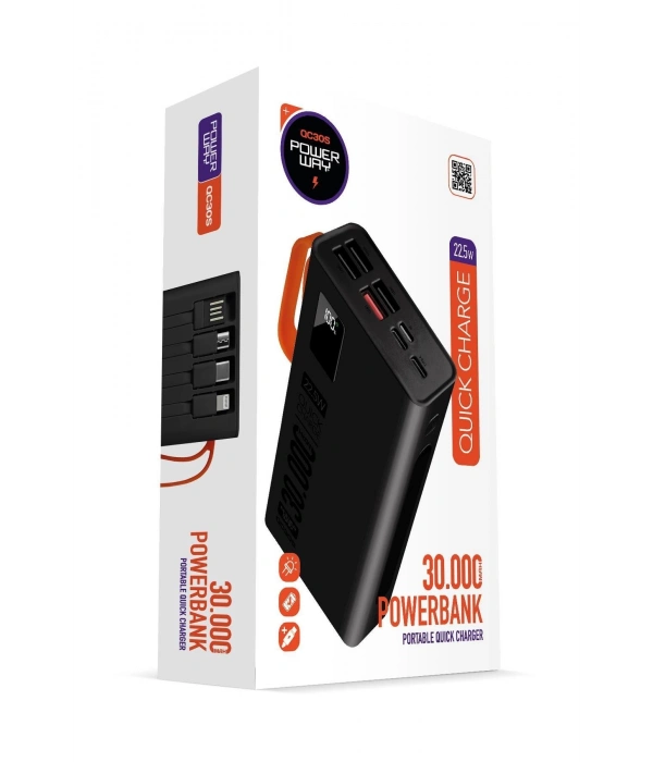 Powerway QC30S Siyah 30.000 mAh PD 22.5W Dahili Kablolu Hızlı Şarj Led Işıklı Powerbank