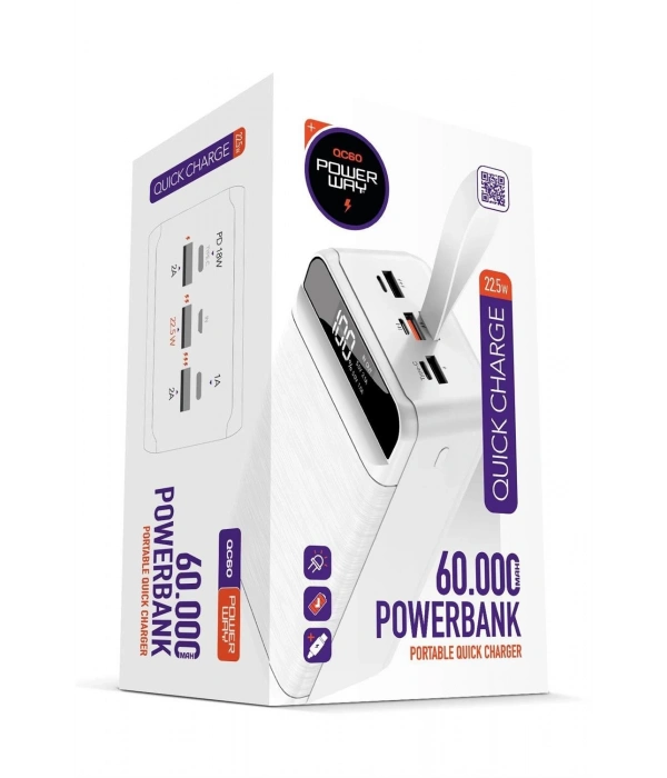 Powerway QC60 Beyaz 60.000 mAh PD 22.5W Hızlı Şarj Led Işıklı Powerbank