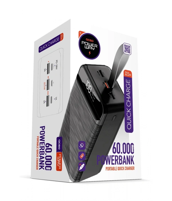 Powerway QC60 Siyah 60.000 mAh PD 22.5W Hızlı Şarj Led Işıklı Powerbank
