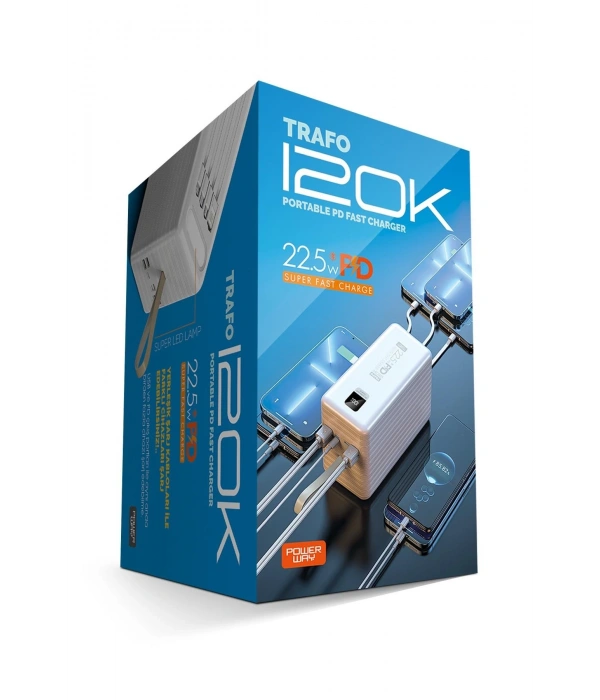 Powerway TRAFO120 Beyaz 120.000 mAh PD 22.5W Dahili Kablolu Hızlı Şarj Işıklı Powerbank
