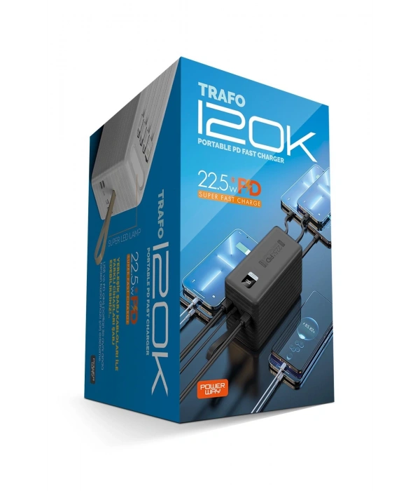 Powerway TRAFO120 Siyah 120.000 mAh PD 22.5W Dahili Kablolu Hızlı Şarj Işıklı Powerbank