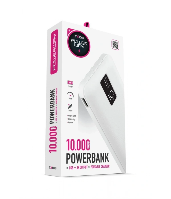 Powerway TX108 Beyaz 10.000 mAh Dijital Göstergeli Ekstra Kablolu 4 Çıkışlı Powerbank