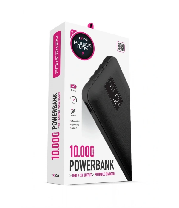 Powerway TX108 Siyah 10.000 mAh Dijital Göstergeli Ekstra Kablolu 4 Çıkışlı Powerbank