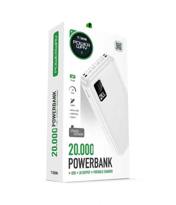 Powerway TX209 Beyaz 20.000 mAh Dijital Göstergeli Ekstra Kablolu Dahili Stand Powerbank