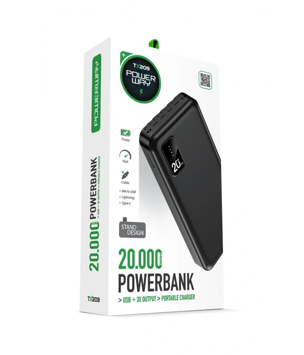 Powerway TX209 Siyah 20.000 mAh Dijital Göstergeli Ekstra Kablolu Dahili Stand Powerbank