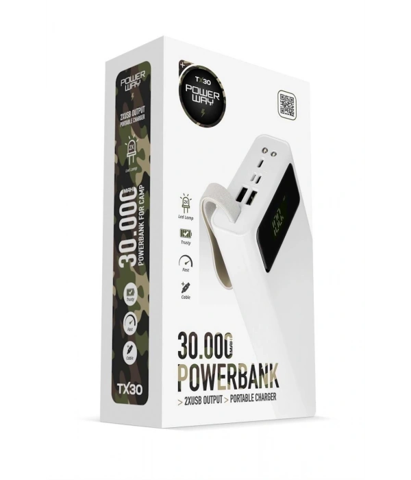 Powerway TX30 Beyaz 30.000 mAh Led Işıklı Dijital Göstergeli 30.000 mAh Powerbank