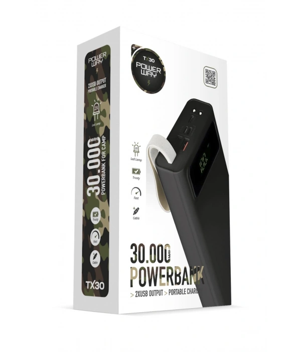 Powerway TX30 Siyah 30.000 mAh Led Işıklı Dijital Göstergeli 30.000 mAh Powerbank