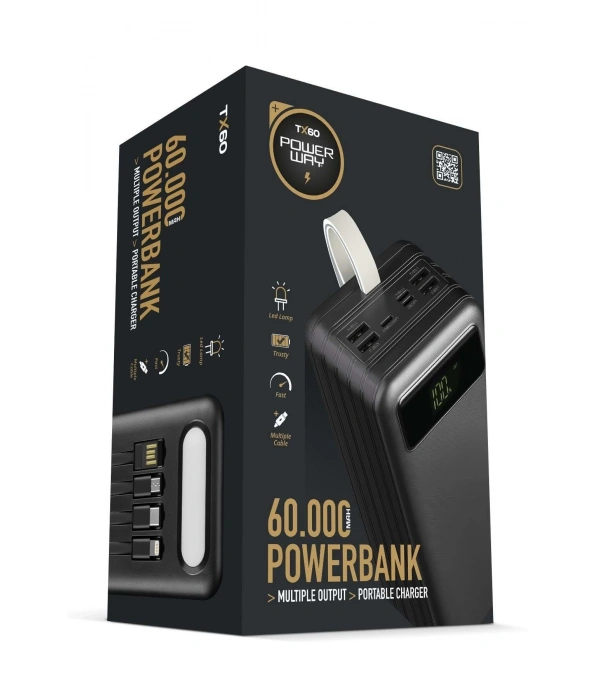 Powerway TX60 Siyah 60.000 mAh Çoklu Çıkış Dijital Göstergeli Ekstra Kablolu Powerbank