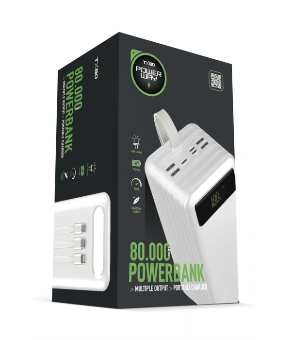 Powerway TX80 Beyaz 80.000 mAh Çoklu Çıkış Dijital Göstergeli Ekstra Kablolu Powerbank