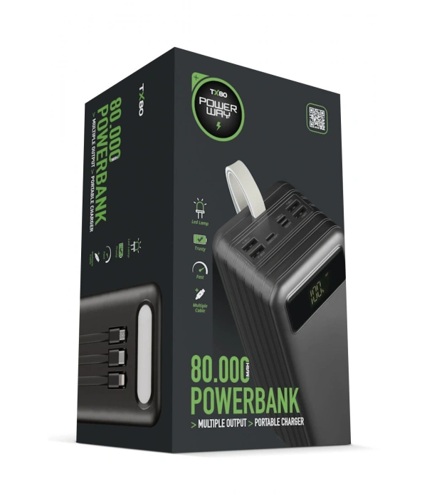 Powerway TX80 Siyah 80.000 mAh Çoklu Çıkış Dijital Göstergeli Ekstra Kablolu Powerbank