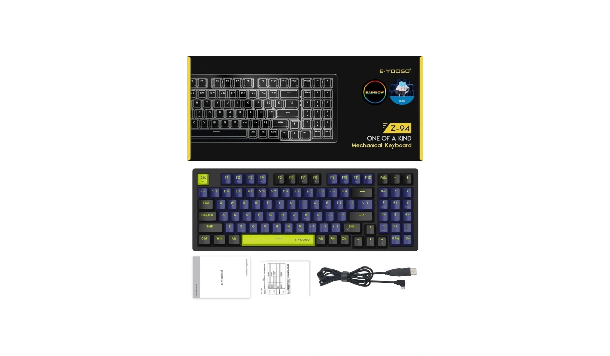 Blue Switch Z-94 Mekanik Klavye %90 Rainbow Işıklı Oyuncu Klavyesi (İngilizce Q Klavye) Huano