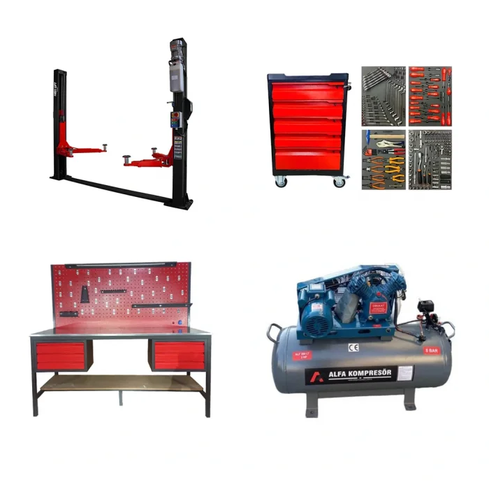 4 Ton Tam Otomatik Lift 200 Litre Kompresör 2 Metre Takım Tezgahı ve 56 Parça Garaj Ekipmanı