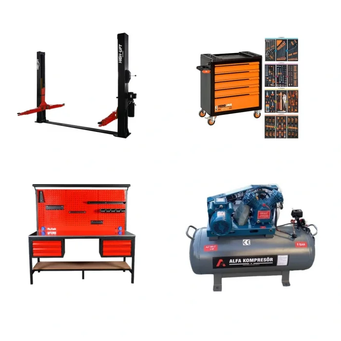 4 Ton Yarı Otomatik Lift 2 Metre Takım Tezgahı 200 Litre Hava Kompresörü ve 60 Parça Garaj Ekipmanı