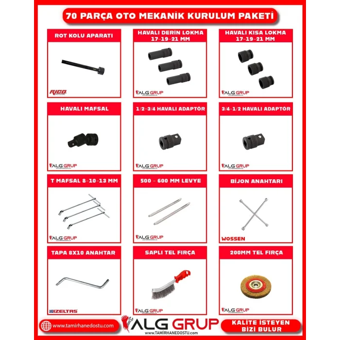 70 parça oto mekanik kurulum paketi