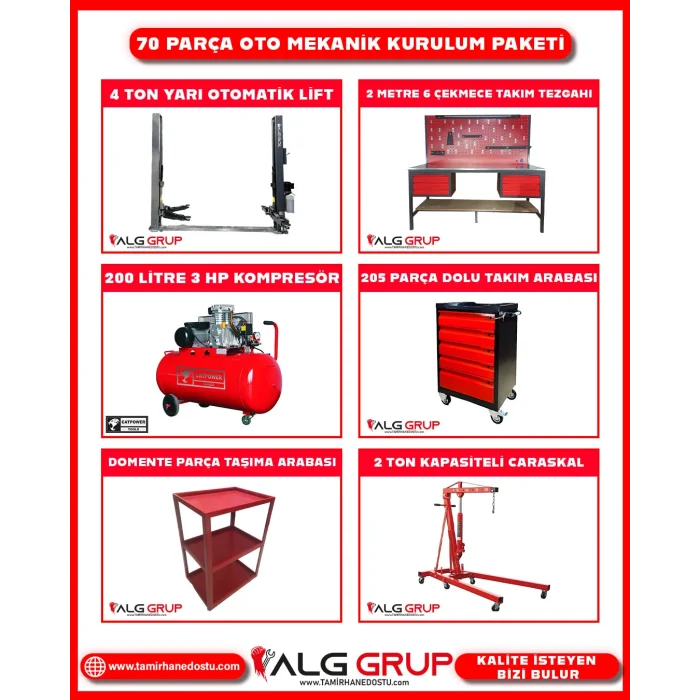 70 Parça Oto Mekanik Kurulum Paketi – Yarı Otomatik Lift Uyumlu Profesyonel Set