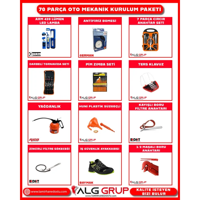 70 Parça Oto Mekanik Kurulum Paketi – Yarı Otomatik Lift Uyumlu Profesyonel Set