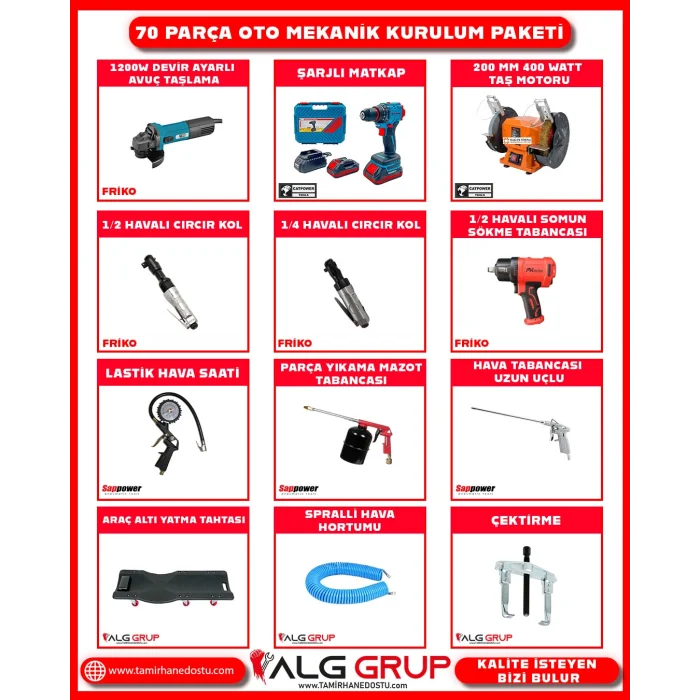 70 Parça Oto Mekanik Kurulum Paketi – Yarı Otomatik Lift Uyumlu Profesyonel Set