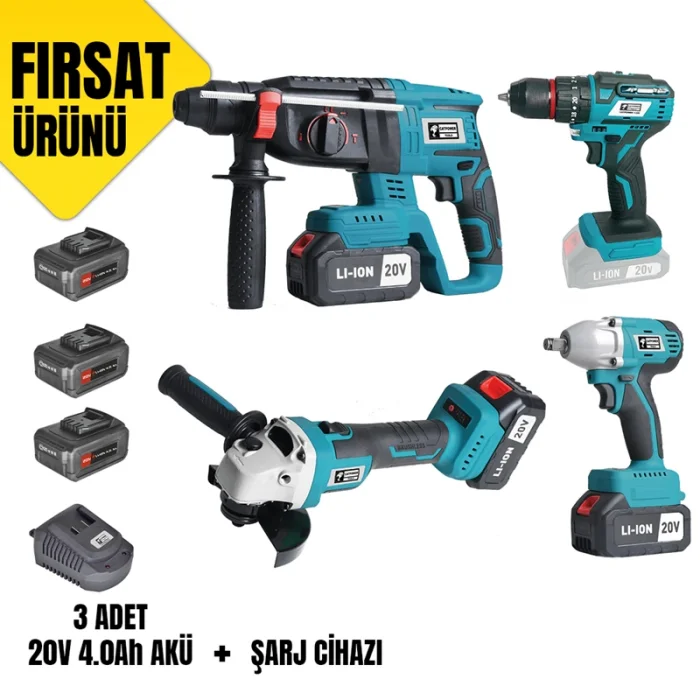 KÖMÜRSÜZ AKÜLÜ SET: DARBELİ VİDALAMA / KIRICI-DELİCİ / AVUÇ TAŞLAMA / SOMUN SIKMA 20V Lİ-İON