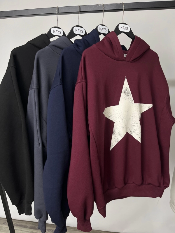 Yıldız Baskılı Kapüşonlu Şardonlu Sweatshirt