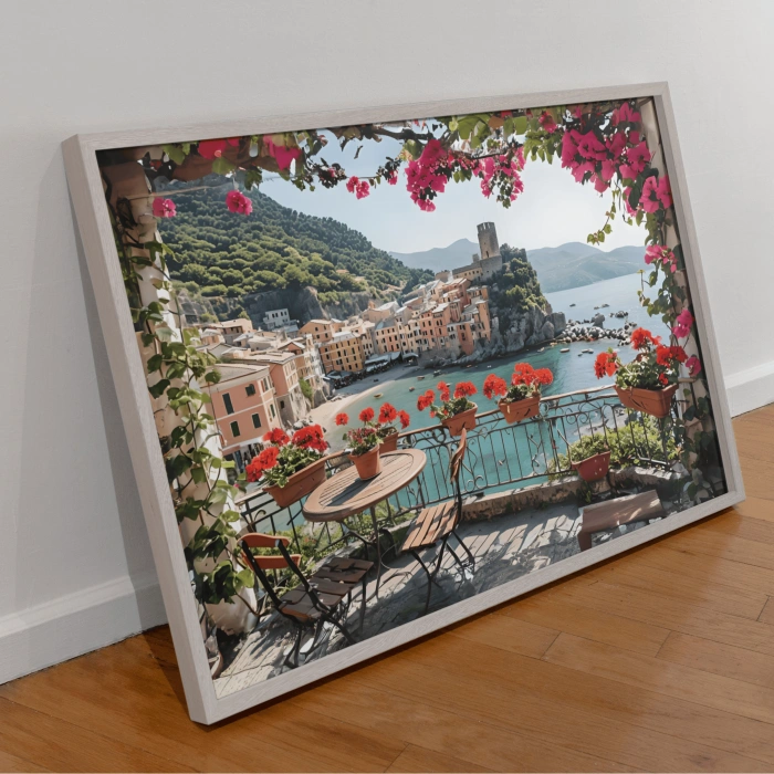 Maviye Açılan Pencere: Çiçekli Sakin Balkon