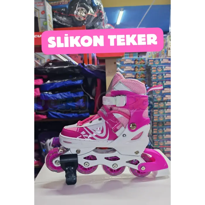 Slikon Tekerli Pembe Paten 31-34 Numara - Silikon Tekerli Paten Alıştırma Pateni - Silikon Tekerlekli