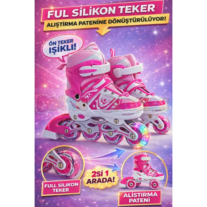 Slikon Tekerli Pembe Paten 31-34 Numara - Silikon Tekerli Paten Alıştırma Pateni - Silikon Tekerlekli