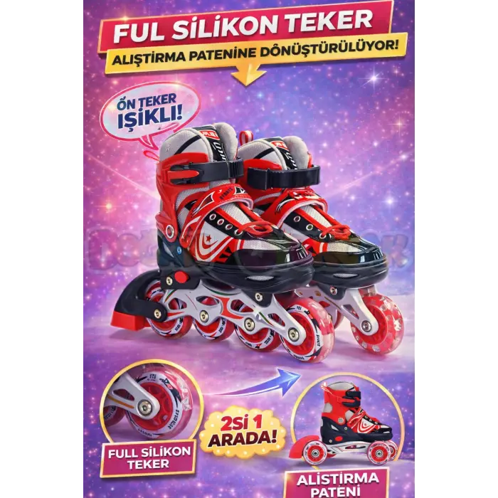 Slikon Tekerli Kırmızı Paten 35-38 Numara - Silikon Tekerli Paten Alıştırma Pateni - Silikon Tekerlekli
