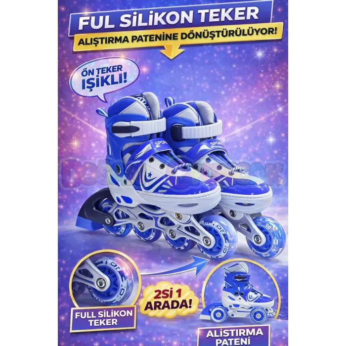 Slikon Tekerli Mavi Paten 31-34 Numara - Silikon Tekerli Paten Alıştırma Pateni - Silikon Tekerlekli