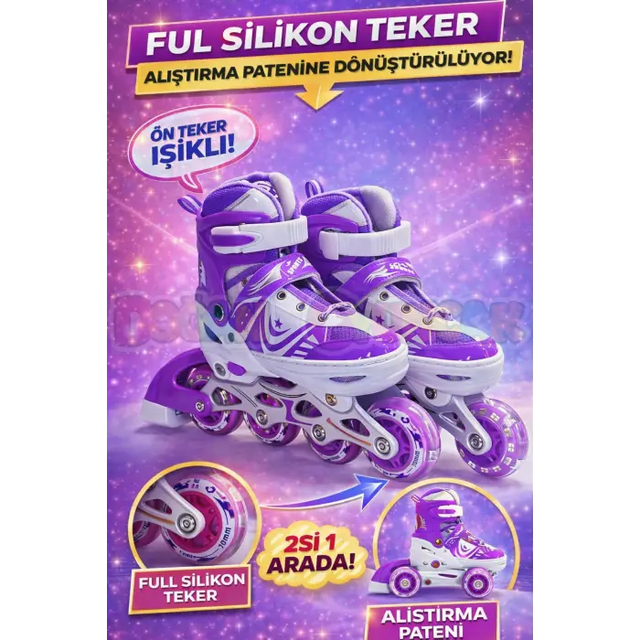 Slikon Tekerli Mor Paten 35-38 Numara - Silikon Tekerli Paten Alıştırma Pateni - Silikon Tekerlekli