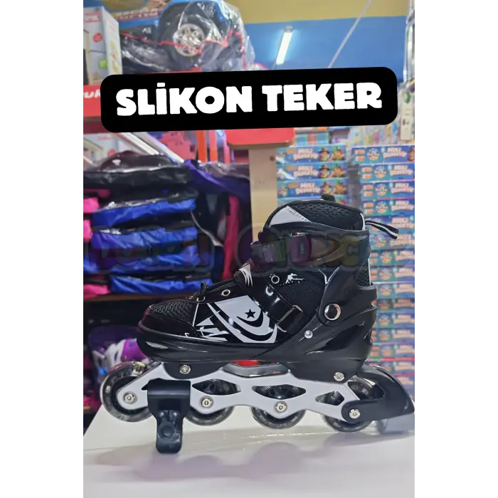 Slikon Tekerli Siyah Paten 31-34 Numara - Silikon Tekerli Paten Alıştırma Pateni - Silikon Tekerlekli