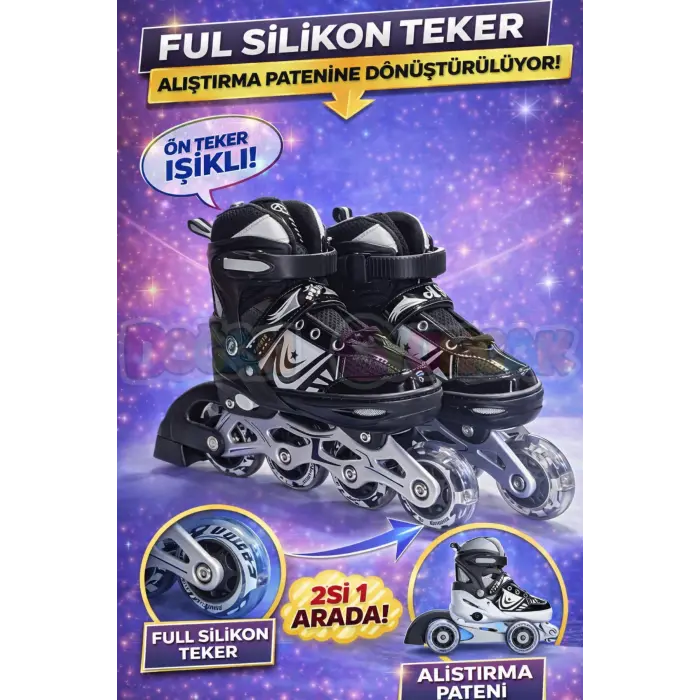 Slikon Tekerli Siyah Paten 31-34 Numara - Silikon Tekerli Paten Alıştırma Pateni - Silikon Tekerlekli