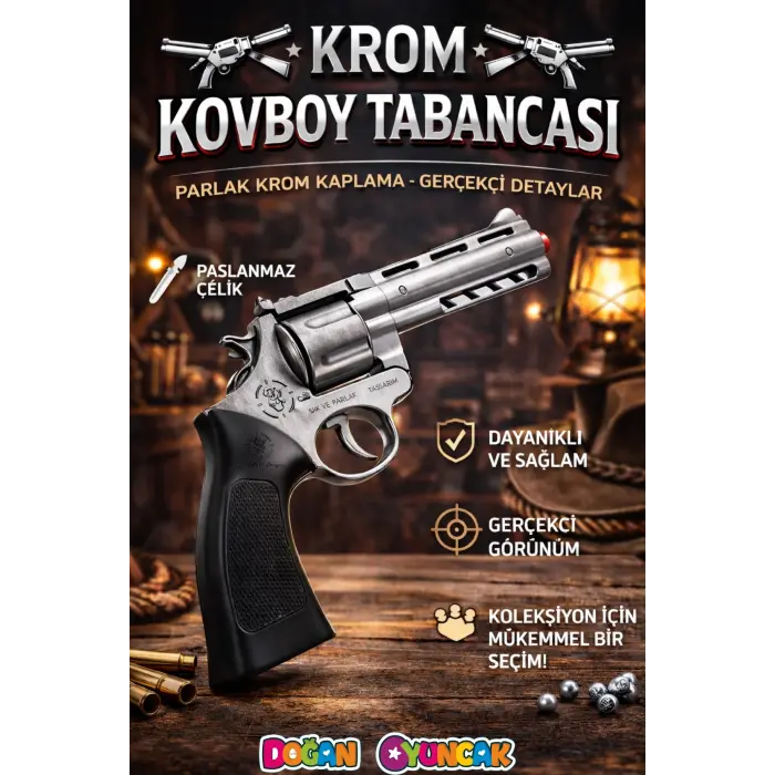 Mantar Patlatan Metal Krom Kovboy Tabancası - Metal Kovboy Silahı Çelik Mantar Silahı