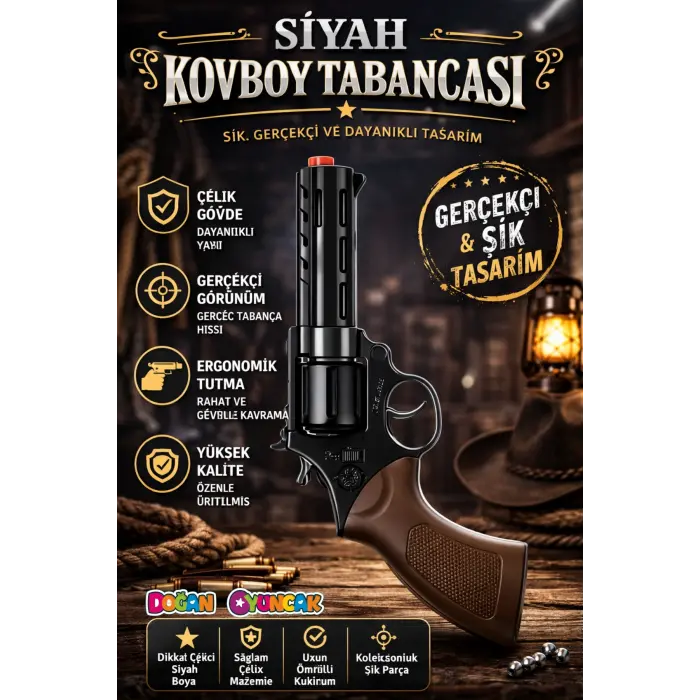 Mantar Patlatan Metal Siyah Kovboy Tabancası - Metal Kovboy Silahı Çelik Mantar Silahı
