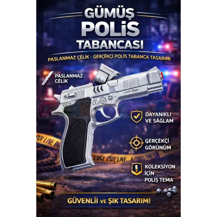 Mantar Patlatan Metal Gümüş Polis Tabancası - Metal Polis Silahı Çelik Mantar Silahı