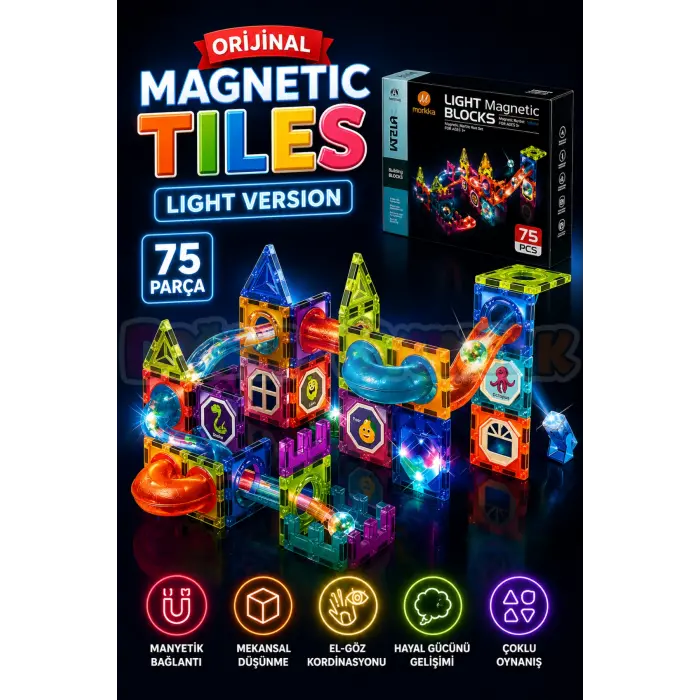 Orijinal Magnetic Tiles Light Version 75 Parça Işıklı Manyetik Lego - Magnetic Magical Işıklı Magnet - Ledli Mıknatıslı Lego