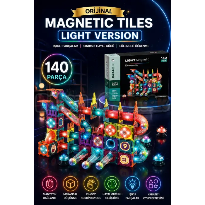 Orijinal Magnetic Tiles Light Version 140 Parça Işıklı Manyetik Lego - Magnetic Magical Işıklı Magnet - Ledli Mıknatıslı Lego
