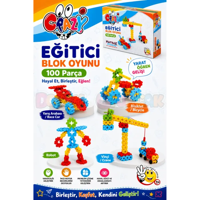 Crazy Eğitici Blok Oyunu 100 Parça - Oyuncak Lego Seti - Birbirine Geçmeli STEM Lego Seti - Eğitici Oyuncak