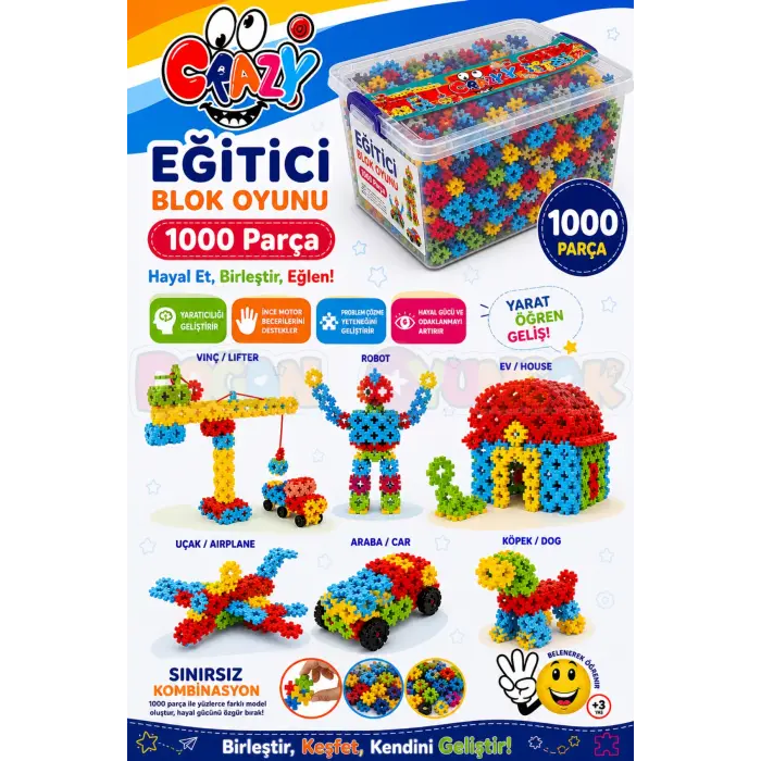 Crazy Eğitici Blok Oyunu 1000 Parça - Oyuncak Lego Seti - Birbirine Geçmeli STEM Lego Seti - Eğitici Oyuncak
