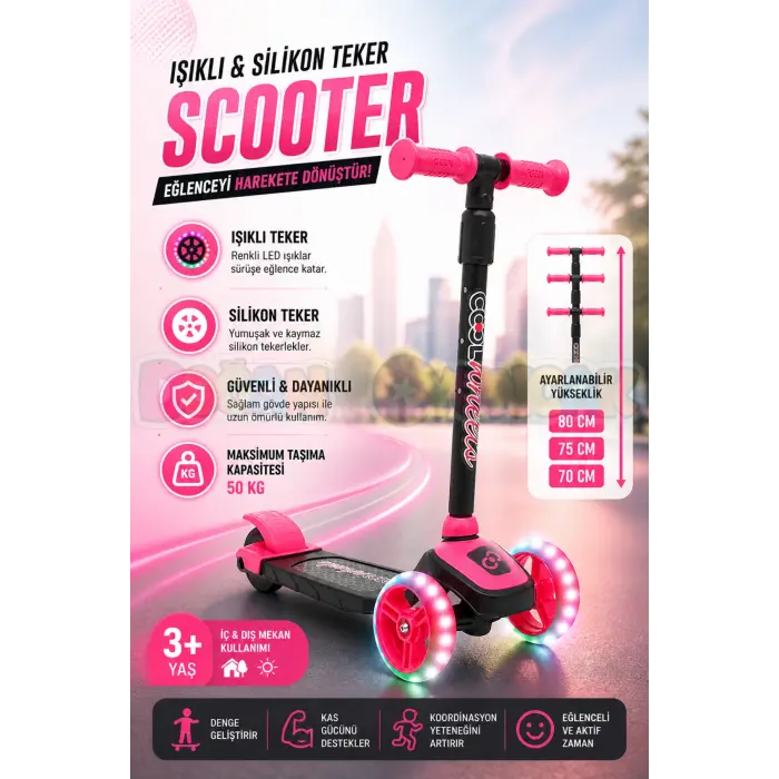 Cool Wheels Pembe Twist Işıklı 3 Tekerlekli Scooter - Işıklı Scooter - CoolWheels Scooter - Çocuk Scooter - İttir Git