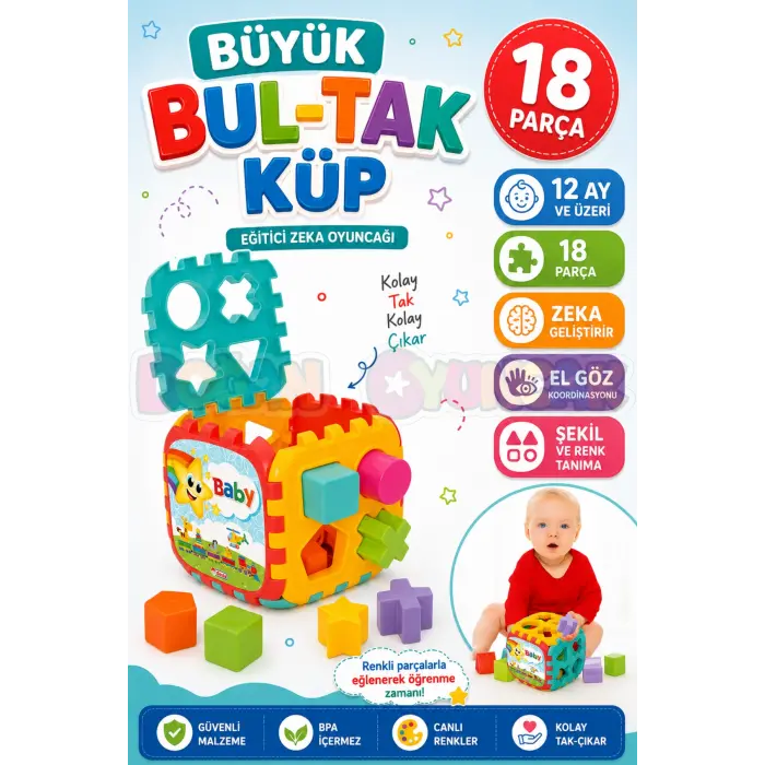 Büyük Bul-Tak Küp - Bultak Lego - Bebek Oyuncağı - Şekil Takmaca